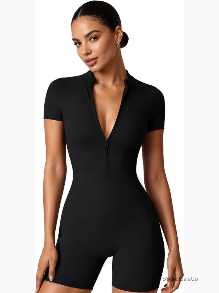 Zipper Front Tummy Control Bodysuit Romper Short Sleeve Athletic Jumpsuit